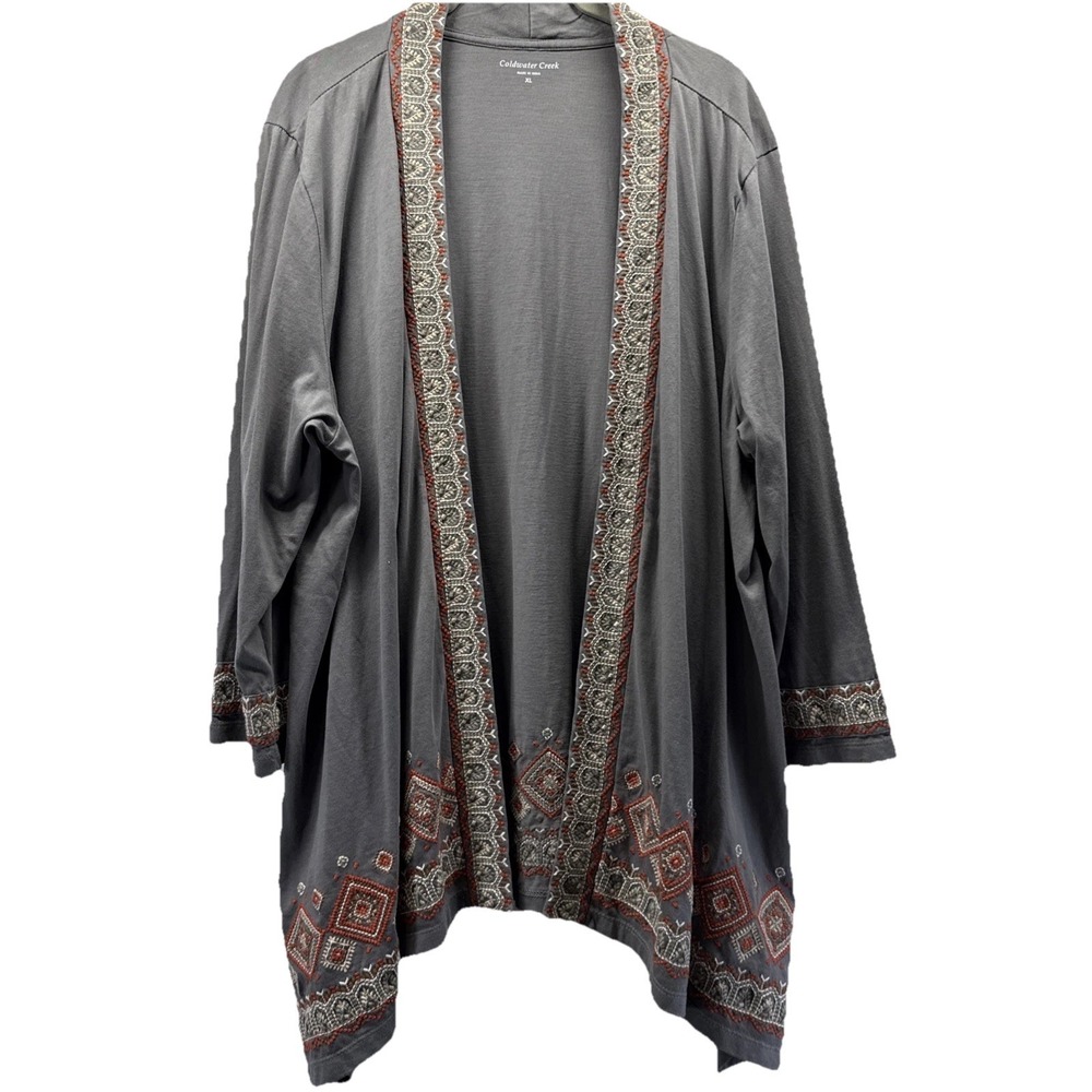 Coldwater Creek Cardigan XL Gray Orange Embroidered Asymmetrical ‎ Hem Y2K Open
